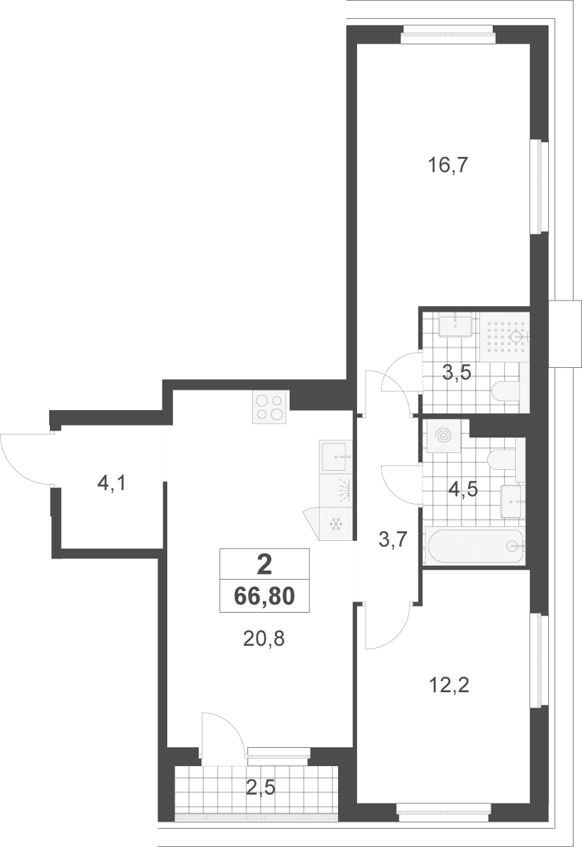 Планировка: Евротрёшка 65,6 м² в ЖК «Деснаречье»