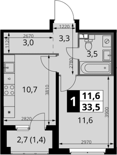 Планировка: 1-комнатная квартира 32,1 м² в ЖК «1-й Южный»