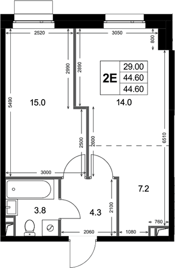Планировка: Евродвушка 44,6 м² в ЖК «Кореневский Форт 2.3»