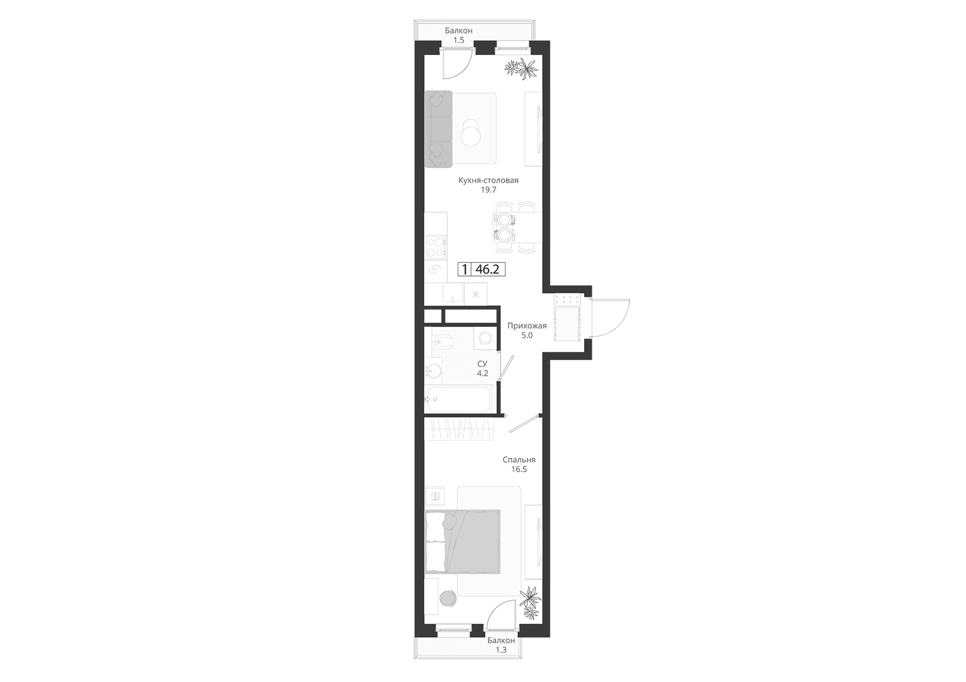 Планировка: Евродвушка 45,4 м² в ЖК «ГРЭЙ»
