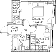 Планировка: 1-комнатная квартира 35 м² в ЖК «СЕЗАР БУДУЩЕЕ»
