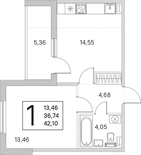 Планировка: 1-комнатная квартира 36,7 м² в ЖК «Любоград в Стрельне»