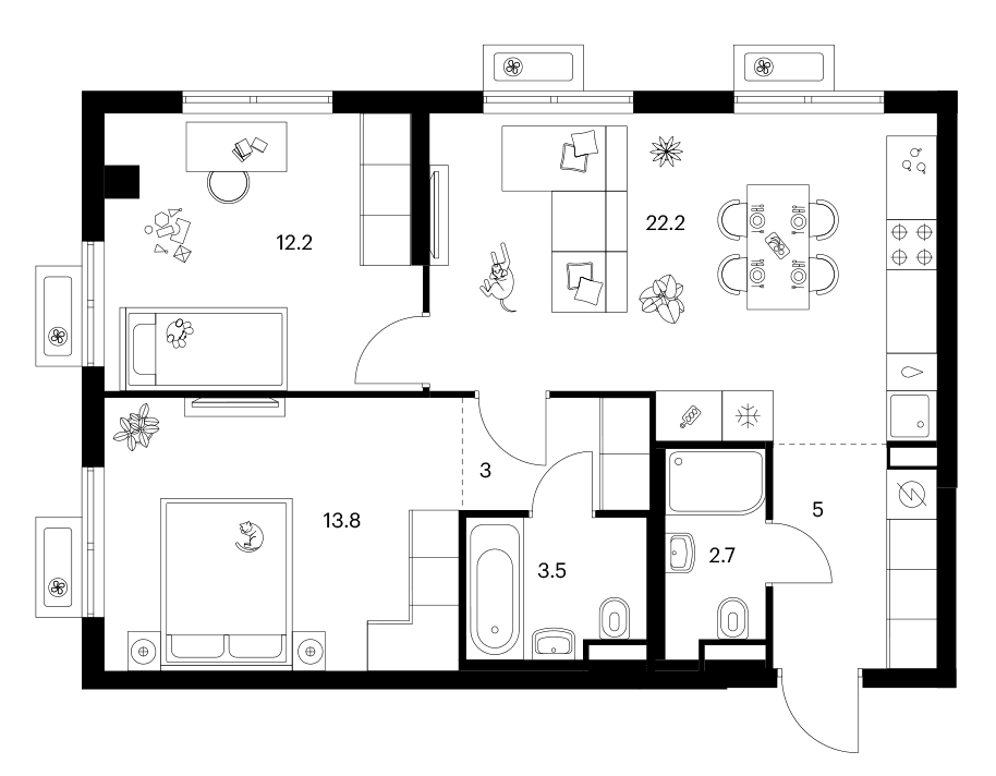Планировка: 2-комнатная квартира 62,4 м² в ЖК «Ярославский»