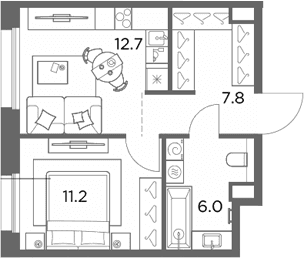 Планировка: 1-комнатная квартира 37,7 м² в ЖК «Станиславский»