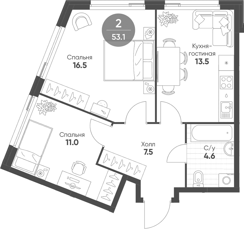 Планировка: Евротрёшка 53,1 м² в ЖК «Шагал»