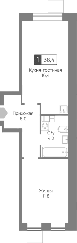 Планировка: Евродвушка 38,4 м² в ЖК «Лесная Отрада»