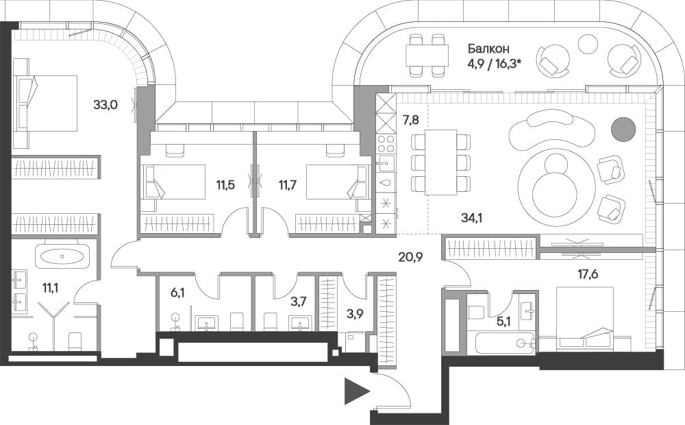 Планировка: Квартира евро-5 166,5 м² в ЖК «Springs»