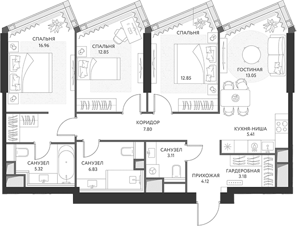 Планировка: Квартира евро-4 91,5 м² в ЖК «ХАЙДАУТ»