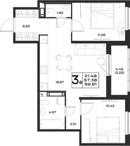 Планировка: Евротрёшка 57,4 м² в ЖК «Имена»