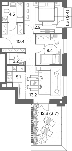 Планировка: Евротрёшка 56,7 м² в ЖК «Станиславский»