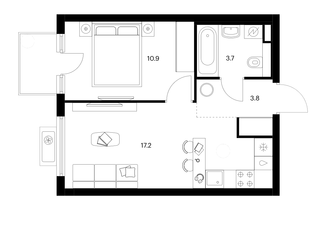 Планировка: 1-комнатная квартира 35,5 м² в ЖК «Белая Дача парк»