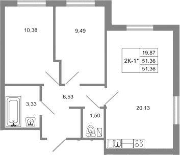 Планировка: Евротрёшка 51,4 м² в ЖК «Стороны света 2»