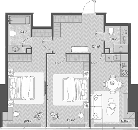 Планировка: Евротрёшка 79,2 м² в ЖК «ОНЕ»