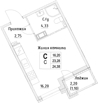 Планировка: Студия 23,3 м² в ЖК «ID Kudrovo II»