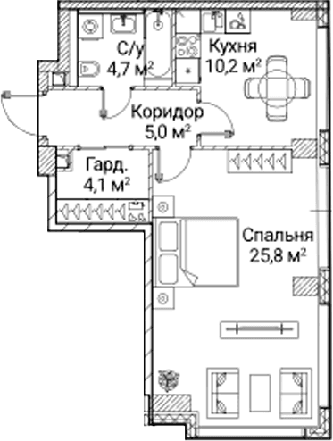 Планировка: 1-комнатная квартира 50,4 м² в ЖК «СЕЗАР БУДУЩЕЕ»