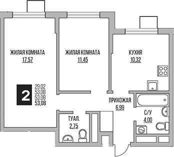 Планировка: 2-комнатная квартира 53,1 м² в ЖК «Гранель Мытищи»