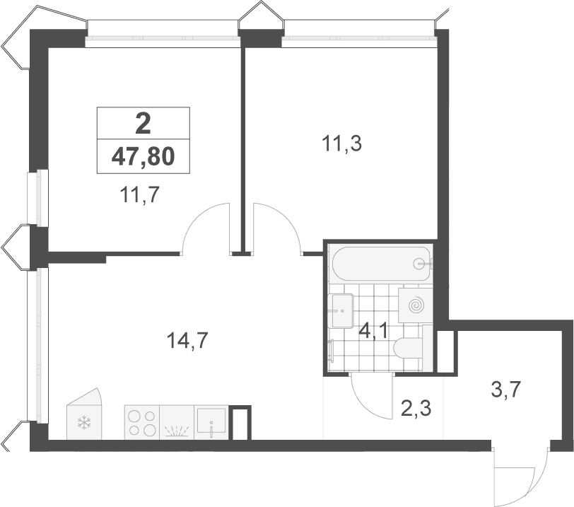 Планировка: 2-комнатная квартира 47,8 м² в ЖК «Деснаречье»