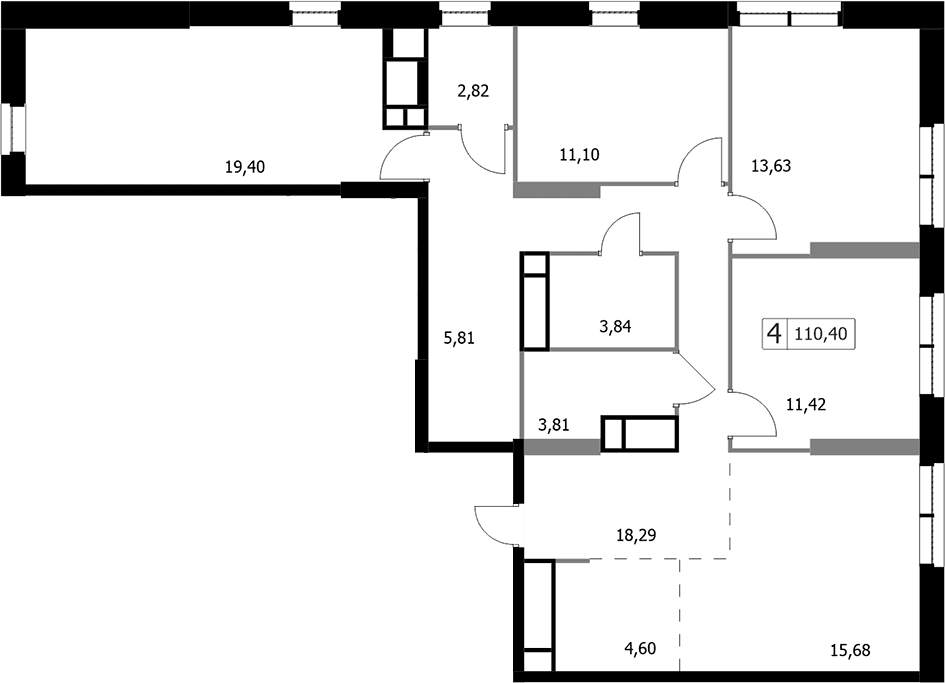 Планировка: Квартира евро-5 110,4 м² в ЖК «Парковый квартал СЕЛФ»