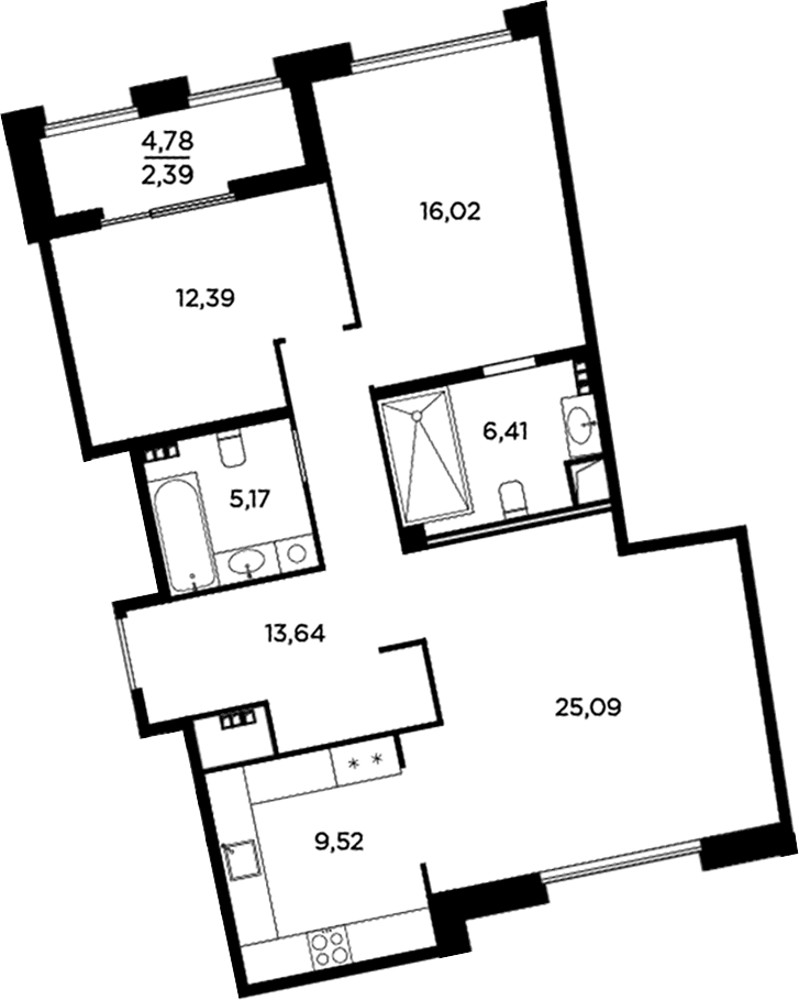 Планировка: 3-комнатная квартира 88,2 м² в ЖК «Акватория»