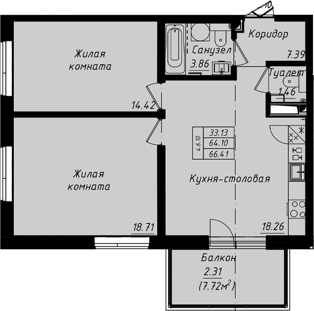 Планировка: Евротрёшка 64,1 м² в ЖК «Grona Lund»