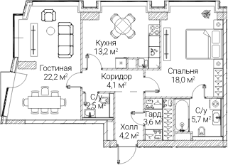 Планировка: 2-комнатная квартира 73,5 м² в ЖК «СЕЗАР БУДУЩЕЕ»