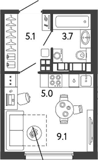 Планировка: Студия 22,9 м² в ЖК «Гений»