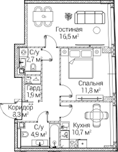 Планировка: 2-комнатная квартира 56,8 м² в ЖК «СЕЗАР БУДУЩЕЕ»