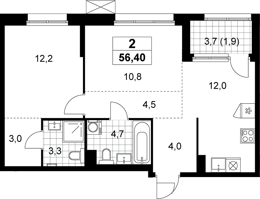 Планировка: Евродвушка 54,5 м² в ЖК «Дзен-кварталы»