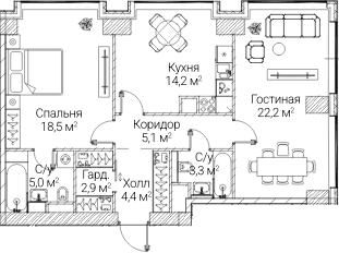 Планировка: 2-комнатная квартира 75,6 м² в ЖК «СЕЗАР БУДУЩЕЕ»