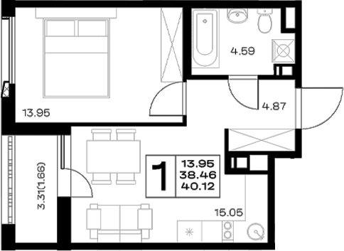 Планировка: Евродвушка 38,5 м² в ЖК «Борский»