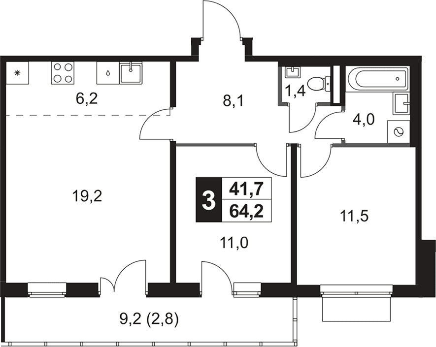 Планировка: Евротрёшка 61,4 м² в ЖК «1-й Ясеневский»