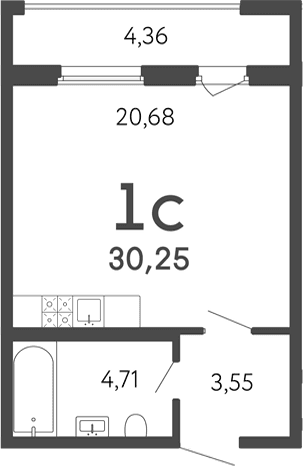 Планировка: Студия 28,9 м² в ЖК «17 линия»