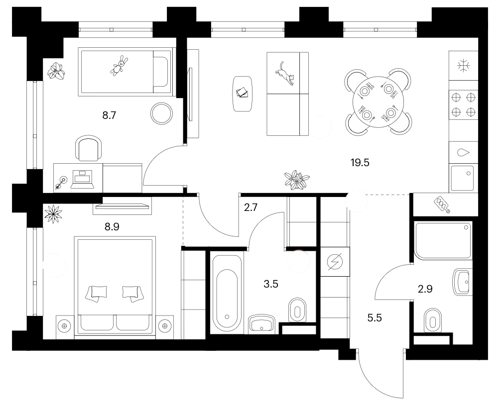 Планировка: 2-комнатная квартира 51,7 м² в ЖК «Зеленый парк»