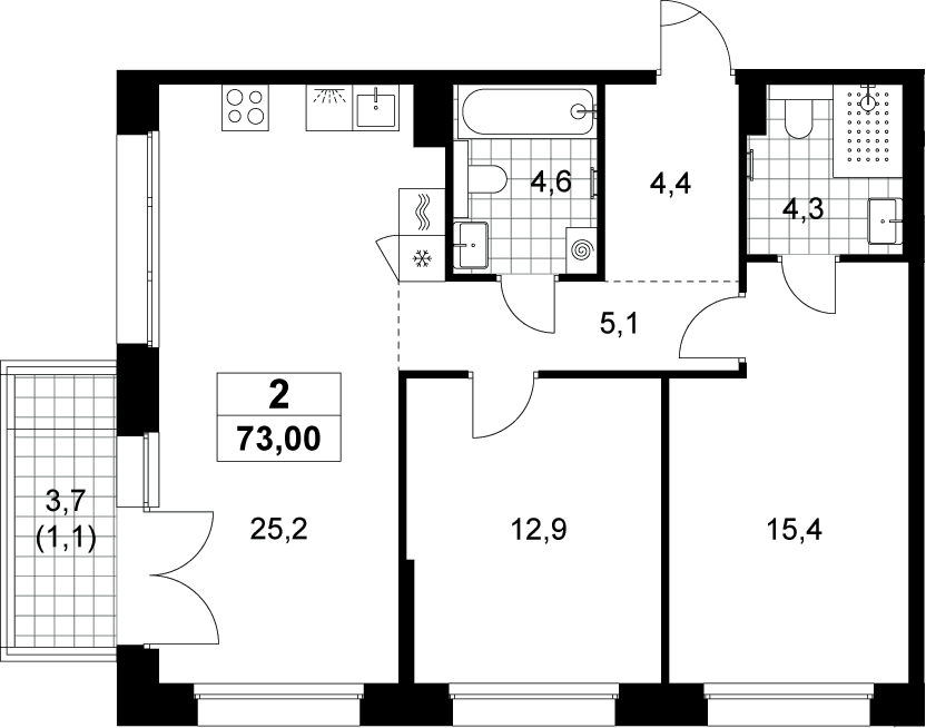 Планировка: Евротрёшка 71,9 м² в ЖК «Хольм»