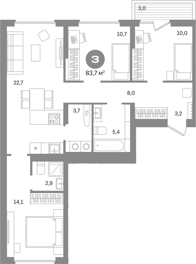 Планировка: 3-комнатная квартира 80,7 м² в ЖК «Первый квартал. Вторая очередь»