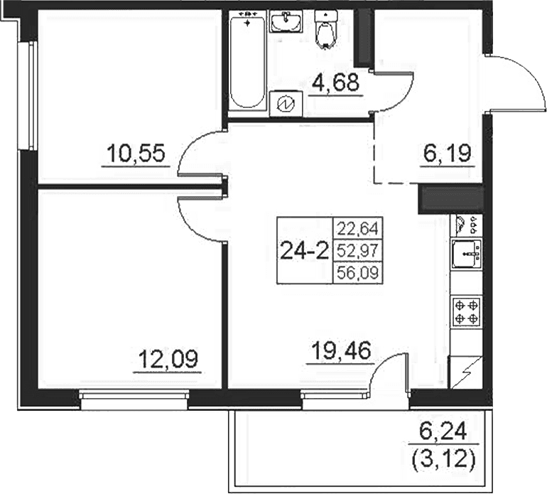 Планировка: 2-комнатная квартира 53 м² в ЖК «Поинт Токсово»