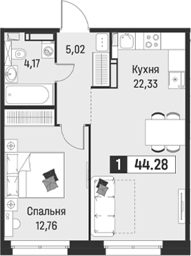 Планировка: Евродвушка 44,3 м² в ЖК «Символист»