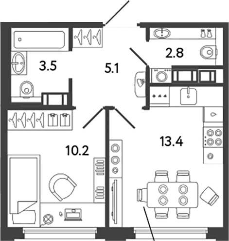 Планировка: 1-комнатная квартира 35 м² в ЖК «Гений»