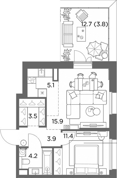 Планировка: Евродвушка 44 м² в ЖК «Станиславский»