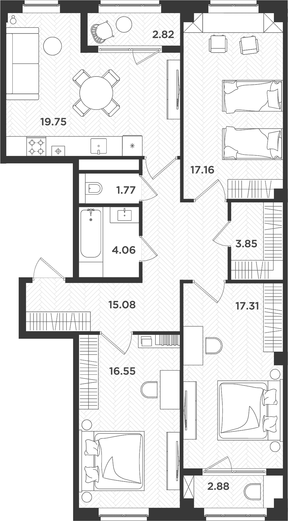 Планировка: Квартира евро-4 95,5 м² в ЖК «Новокасимово»
