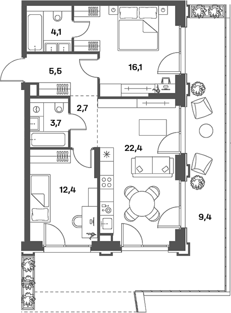 Планировка: Евротрёшка 65,7 м² в ЖК «Портленд»
