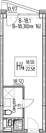 Планировка: Студия 21,6 м² в ЖК «Аметист»