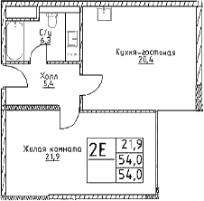 Планировка: Евродвушка 54 м² в ЖК «Наметкин Тауэр»