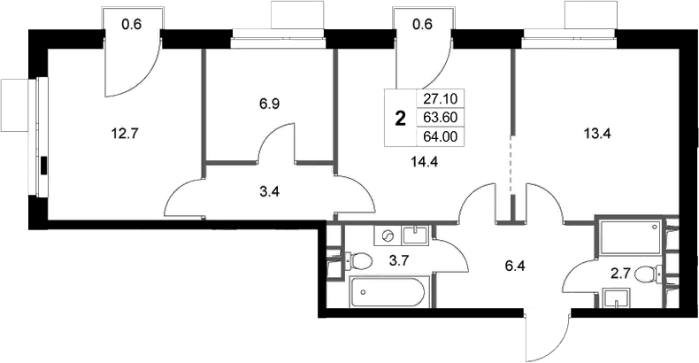 Планировка: 2-комнатная квартира 63,6 м² в ЖК «Легенда Марусино»