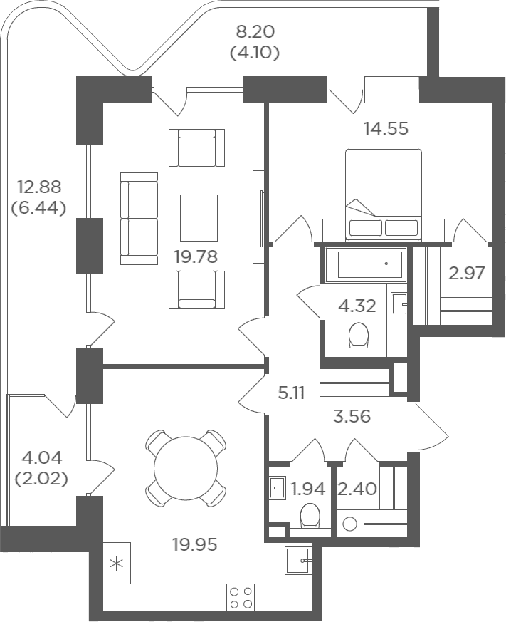 Планировка: 2-комнатная квартира 74,6 м² в ЖК «FORIVER»