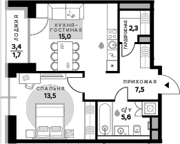 Планировка: 1-комнатная квартира 43,9 м² в ЖК «СберСити»