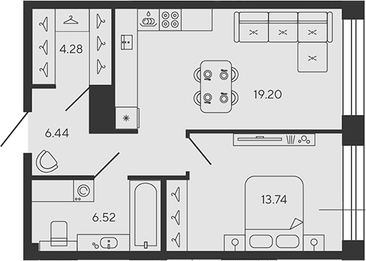 Планировка: Евродвушка 50,2 м² в ЖК «BASHNI ELEMENT»