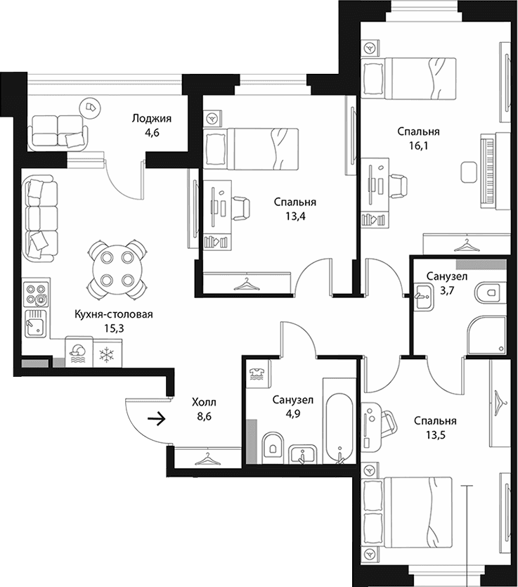 Планировка: Квартира евро-4 75,5 м² в ЖК «Экография»
