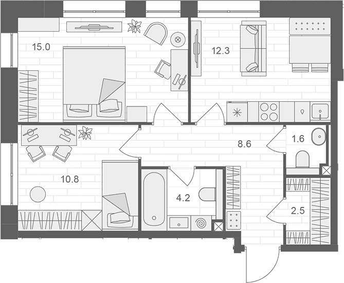 Планировка: 2-комнатная квартира 55 м² в ЖК «АРТЕЛЬ»