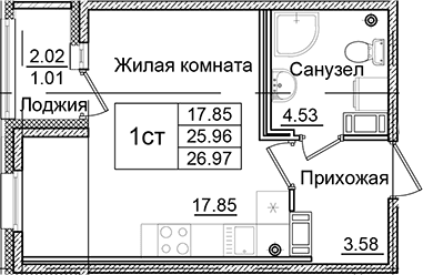 Планировка: Студия 26 м² в ЖК «Квартал Заречье»